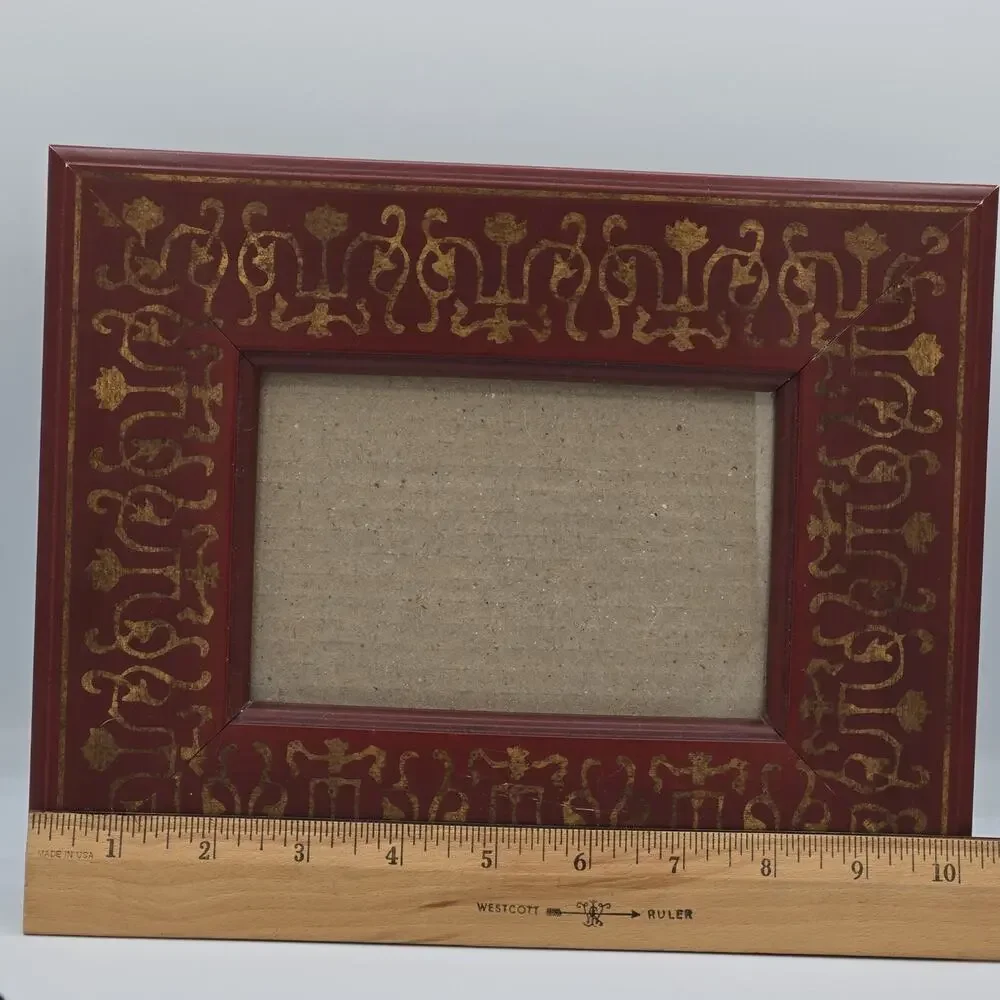 Wood Table Frame Red Painted Gold Scroll Stencil 4 x 6 Italian Florentine Style